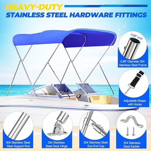3 Bow Bimini Tops for Boats with Heavy Duty 304 Stainless Steel Frame & Hardware, 600D Oxford Boat Canopy Includes 2 Straps & 2 Rear Support Poles, Storage Boot, Durability & Stability in Kuwait