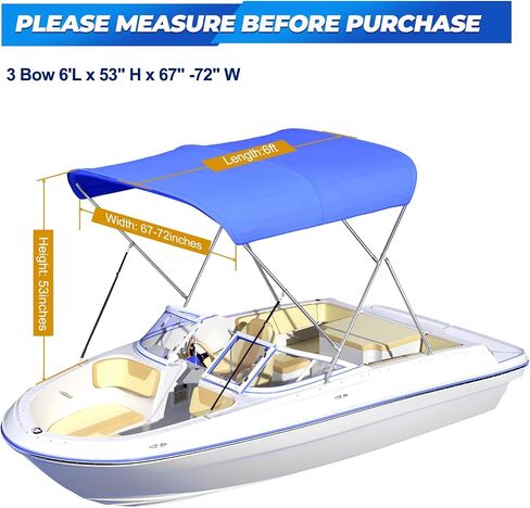 3 Bow Bimini Tops for Boats with Heavy Duty 304 Stainless Steel Frame & Hardware, 600D Oxford Boat Canopy Includes 2 Straps & 2 Rear Support Poles, Storage Boot, Durability & Stability in Kuwait
