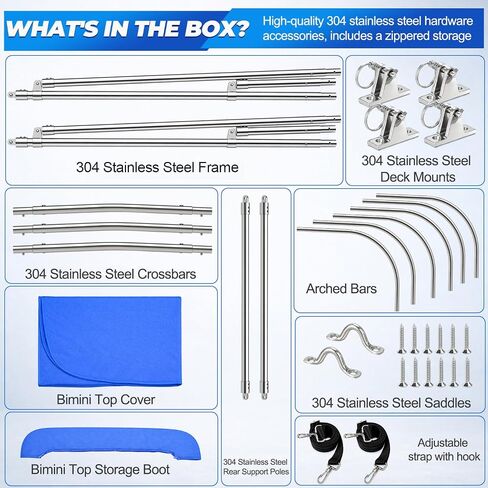 3 Bow Bimini Tops for Boats with Heavy Duty 304 Stainless Steel Frame & Hardware, 600D Oxford Boat Canopy Includes 2 Straps & 2 Rear Support Poles, Storage Boot, Durability & Stability in Kuwait