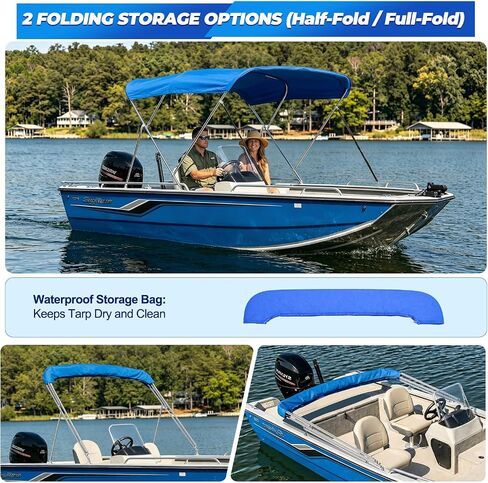 3 Bow Bimini Tops for Boats with Heavy Duty 304 Stainless Steel Frame & Hardware, 600D Oxford Boat Canopy Includes 2 Straps & 2 Rear Support Poles, Storage Boot, Durability & Stability in Kuwait