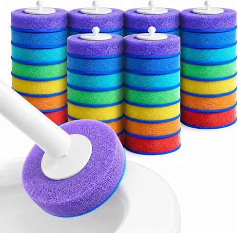 Disposable Toilet Brush and Holder Set - Hands-Free Eject Sponge Toilet Wand with Floor Standing Caddy, Secure-Lock Hangable Toilet Scrubber (42 Refills(Colorful)) in Kuwait