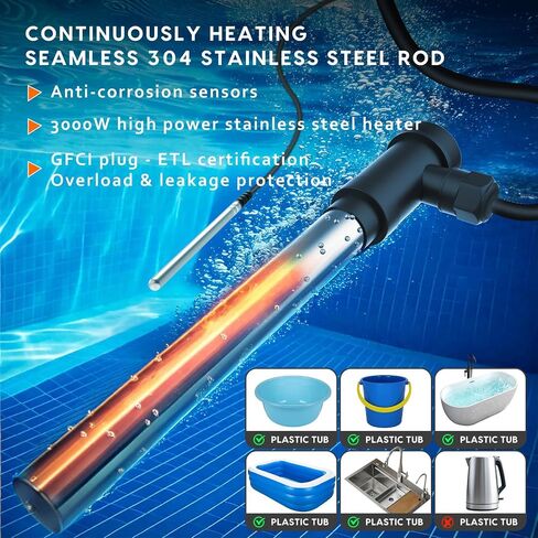 3000W Immersion Water Heater, Submersible Water Heater, Large Hot Tub & Pool Heater with LCD Thermostat & Leakage Protection, for Bathtub, Swimming Pool, Baptistry, Bucket in Kuwait