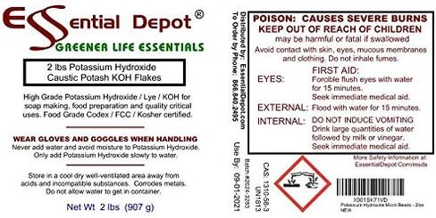 Essential Depot Potassium Hydroxide Flakes KOH, 2 lbs Caustic Potash Anhydrous Dry Electrolyte - HDPE Container with Resealable Child Resistant Cap (U.S, Alaska, Hawaii, APO/FPO) in Kuwait