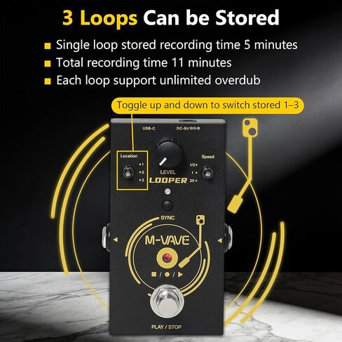 دواسة تأثير جيتار M-VAVE Looper II، حلقة رقمية مع 3 مواقع تخزين، تحكم في السرعة المتغيرة، USB-C وطاقة 9 فولت تيار مستمر in Kuwait