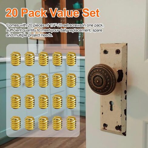 Door Knob Set Screws Replacement 1/4-20 Thread, Fully Threaded Headless Screw with Recessed Hex Drive for Door Handles & Levers, Steel Set Screw Hardware Replacement - 20 Pack in Kuwait