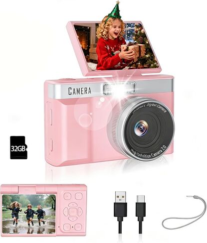 Kids Digital Camera with 180° Flip Screen, 32GB Memory Card Compact Camera,1080P HD Point and Shoot Digital Cameras, Built in Educational Games,Ideal Gifts for Kids Boys Girls(Black) in Kuwait
