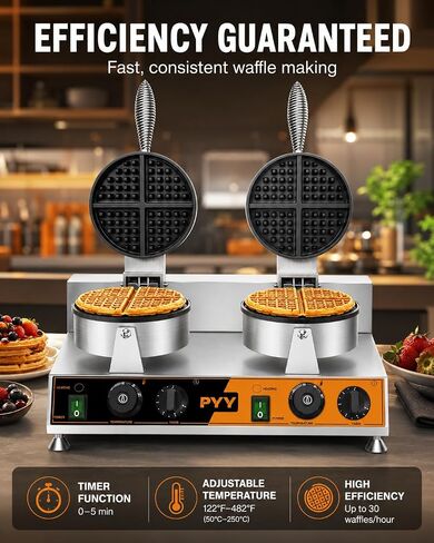 PYY Commercial Waffle Maker - Double Waffle Maker, Large, Stainless Steel, Non-stick Electric Chaffle Maker for Restaurant Party Food Stall in Kuwait