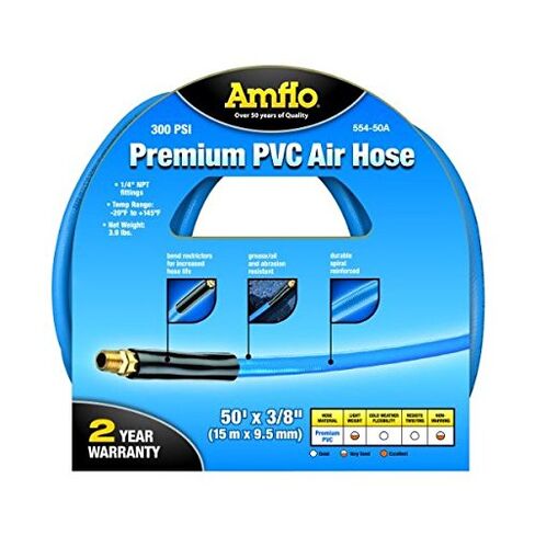 خرطوم هواء Amflo 554-50A أزرق 300 PSI Premium PVC مقاس 3/8 بوصة × 50 بوصة مع تركيبات نهاية MNPT 1/4 بوصة ومقيدات الانحناء in Kuwait