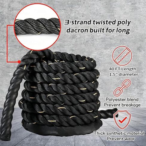 Battle Ropes Black Workout Rope 1.5 inch Battle Ropes for Home Gym 40ft Exercise Ropes for Working Out Heavy Ropes for Exercise Training Weighted Rope Weighted Workout Rope Battle Rope in Kuwait