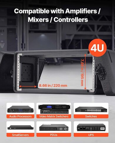 VEVOR 4U Rack Case، عمق 12 بوصة، حامل الطيران الضحل مع حجرة الميكروفون، هيكل من البولي إيثيلين، مزالج غائرة، سهل التركيب، لمكبر الصوت، 8.7 بوصة عمق داخلي in Kuwait