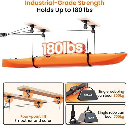 رافعة كاياك لسقف المرآب، نظام بكرة كاياك 180 رطل للمرآب، رافعة تخزين كاياك شديدة التحمل لسقف 8-16 قدم، نظام تخزين رفع الزوارق in Kuwait