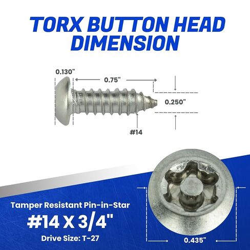مسامير معدنية من صفائح الأمان Fastener Torx - #14 × 3/4 بوصة (10 عبوات) رأس زر، مقاومة للتلاعب، مسامير من الفولاذ المقاوم للصدأ مضادة للسرقة لمستوى أعلى من الأمان وحل تثبيت آمن in Kuwait
