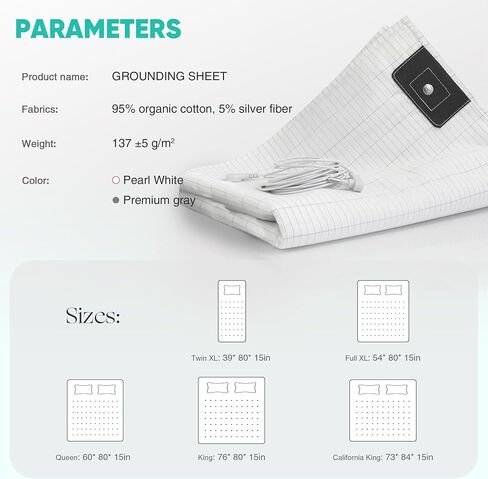 Grounding Sheets King, 95% Organic Cotton+ 5% Pure Silver Fiber, Grounding Sheets with Grounding Cord, Bed Grounding Kit for Healthy Sleep Therapy [White, King-76"x 80"x 15"] in Kuwait
