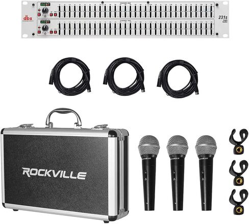 dbx 231S Dual 31 Band Graphic Equalizer Pro Audio Rack Mount Eq Bundle مع (3) Rockvilie Rcxfm20E-B 20 قدم كابل ميكروفون XLR أنثى إلى ذكر وRockvilie Rmc-3Pk معدني سلكي مع حافظة معدنية (3 عناصر) in Kuwait