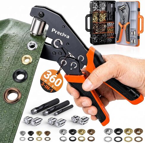 Preciva 3-Size Grommet Tool Kit of 1/2" 1/4" 3/8" - 360Pcs Eyelets Setting Tool & Hole Punch | Heavy Duty Eyelet Tool Kit for Tarps, Tents, Canvas, Vinyl & Leather Crafting in Kuwait