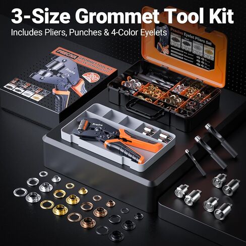 Preciva 3-Size Grommet Tool Kit of 1/2" 1/4" 3/8" - 360Pcs Eyelets Setting Tool & Hole Punch | Heavy Duty Eyelet Tool Kit for Tarps, Tents, Canvas, Vinyl & Leather Crafting in Kuwait