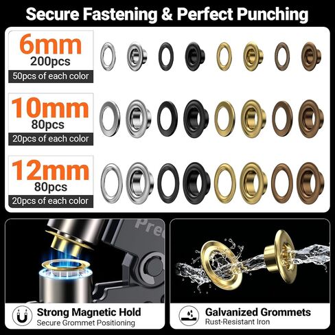 Preciva 3-Size Grommet Tool Kit of 1/2" 1/4" 3/8" - 360Pcs Eyelets Setting Tool & Hole Punch | Heavy Duty Eyelet Tool Kit for Tarps, Tents, Canvas, Vinyl & Leather Crafting in Kuwait