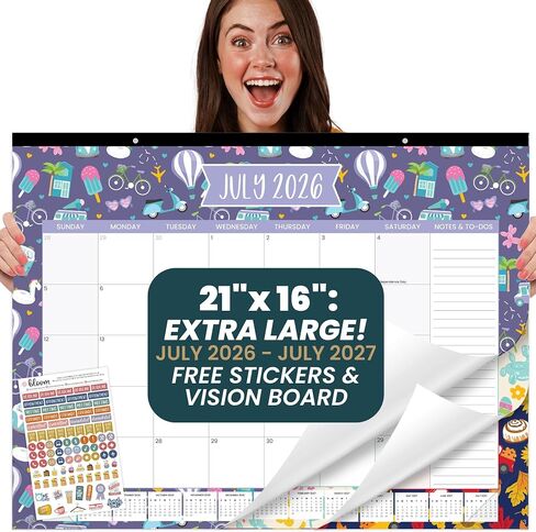 bloom daily planners Desk Calendar 2025-2026 - Academic Year Large Wall Calendar (July 2025 - July 2026) - 21" x 16" Desktop & Hanging Monthly Planner with Stickers for Home or Office - Holiday Icons in Kuwait