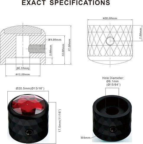 2PCS Solid Aluminum Guitar Knobs，Red Crystal Style Top Volume Tone Control Knobs with Allen Wrench, Fit 15/64"(6.1mm) Pot Shaft Electric Guitar Bass Replacement Parts(Matte Black) in Kuwait
