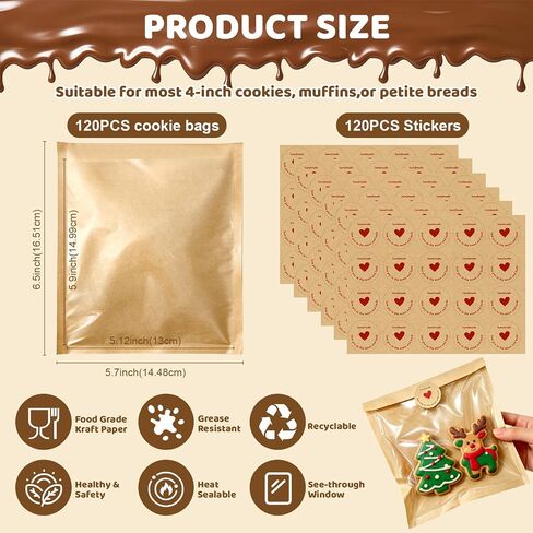 Cookie Bags with Seal, 120 Pack Sealable Individual Packaging Cooke Bag, 5.7x6.5 Inch Bakery Treat Packaging with Window for Candy, Snack, Scone, Brownie, Small Pastries and other Treats in Kuwait