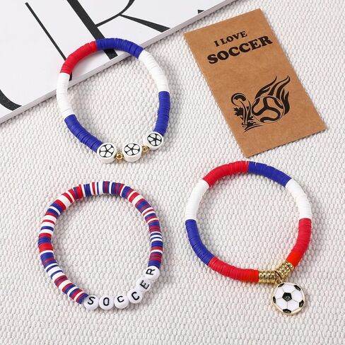 18PCS Soccer Fan Bracelets for Women Men, Heishi Clay Beaded Stretch Stackable Bracelets, Hypoallergenic Game Day Jewelry, Friendship Gifts in Saudi Arabia