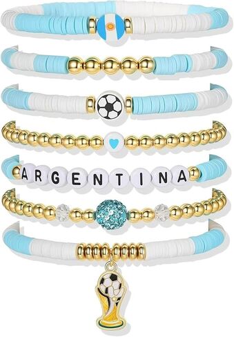 7Pcs World Soccer Game Day Bracelet, Elastic Football Fan Wristband, Adjustable Sports Cheer Jewelry Gift for Match Party Decoration in Saudi Arabia