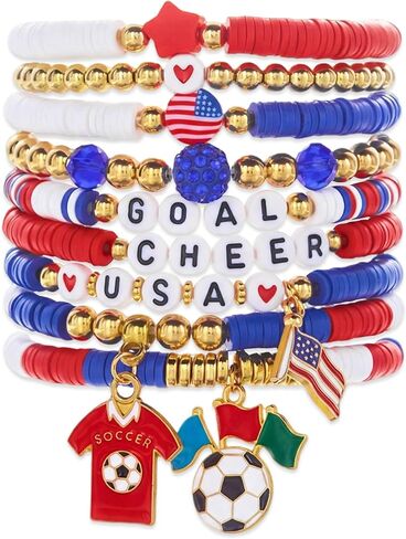 World Cup Soccer Bracelets Women Men Clay Beaded Stackable Stretch Bracelets USA Gifts for Football Fan Sports Patriotic Jewelry Accessories 4th of July Merchandise Independence Day Gifts in Saudi Arabia