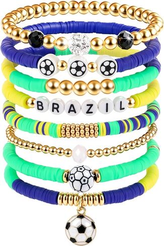 Soccer Gifts for Women, Brazil Football Bracelet, Beaded Stackable Bands with Brazil Flag Charms, Game Day Sports Fan Jewelry, Birthday Holiday Gifts for Friends Family Couples in Saudi Arabia