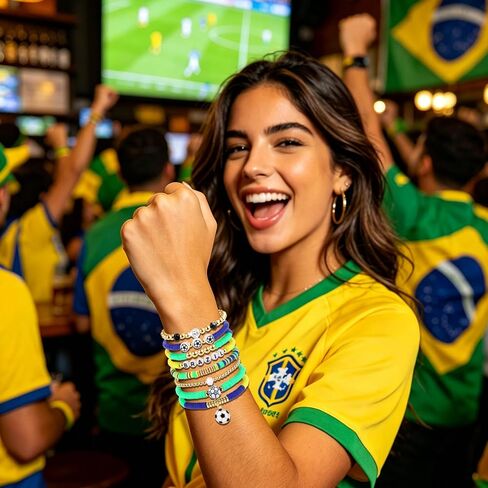 Soccer Gifts for Women, Brazil Football Bracelet, Beaded Stackable Bands with Brazil Flag Charms, Game Day Sports Fan Jewelry, Birthday Holiday Gifts for Friends Family Couples in Saudi Arabia