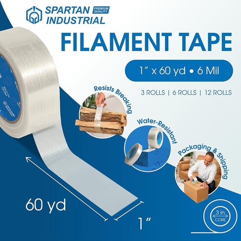 Spartan Industrial - 1" X 60 yd Fiberglass Filament Tape - 3 Tape Rolls for Heavy Boxes, Pallets, and More, Durable 6 Mil in Kuwait
