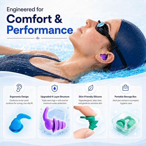 Swimming Ear Plugs, 5 Pairs Reusable Waterproof Ear Plugs for Swimming Adults & Teens, Soft Silicone Swim Earplugs with Individual Cases, Noise Reducing for Shower, Sleeping, Surfing, Travel in Kuwait