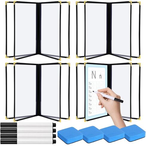 4 Pack Restaurant Menu Covers with Erasable Pen and Whiteboard Eraser, 8.5 x 11 Inch 4-Page 8-View Double Clear Plastic Menu Covers Waterproof A4 Paper Holders for Home Bar Cafe Restaurant in Kuwait
