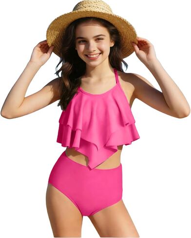 Two Piece Girls Swimsuit Spaghetti Strap Bikini Flounce Sport Top and High Waisted Bottom Swim Set Bathing Suits in Kuwait