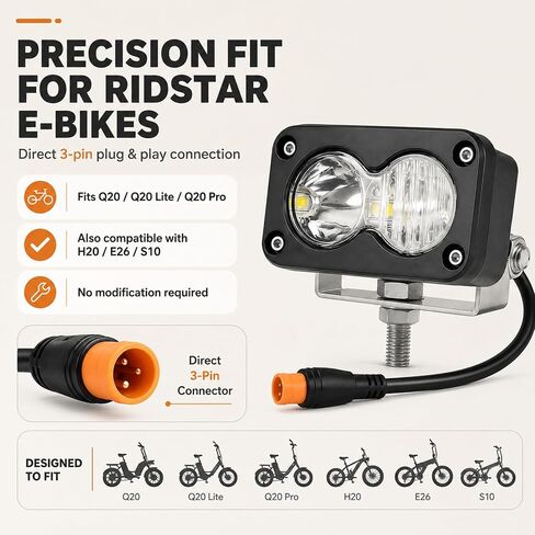 Baja Light for Ridstar Q20,Electric Bike Headlight 20W 6000-6500K Compatible with Ridstar Q20/Q20 Lite/Q20 Pro,3-Pin Plug & Play Baja Light for Ebike,Motorcycle & ATV. in Kuwait