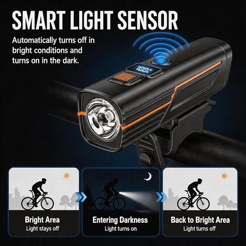 High Lumens Super Bright Bike Lights for Night Riding,Precision Battery Display&Smart Auto Light Sensor,5Modes,USB Rechargeable Bike Headlight,Bicycle Lights for Road,Mountain,Cycling in Kuwait