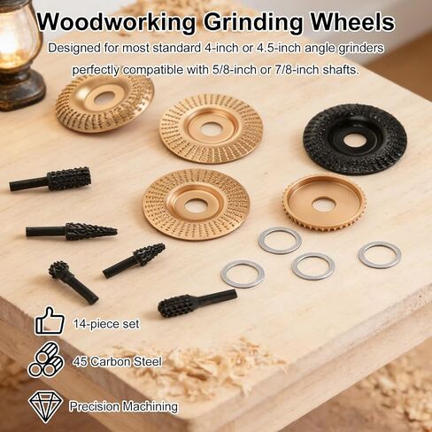14pcs Angle Grinder Wood Carving Discs Set for 4" or 4.5" Angle Grinders, Include Various Wood Grinding Wheel Cutting Various Rotary Burr and 5/8" Adapter Rings Attachments Woodworking Shaping in Kuwait