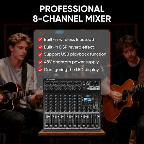 8 Channel Mixer, Professional Audio Mixing Console Studio DJ Board with Bluetooth, 99 DSP Effect,USB Recording, 48V Phantom Power, Reverb, MP3 Player for Live Sound Karaoke Performance in Saudi Arabia