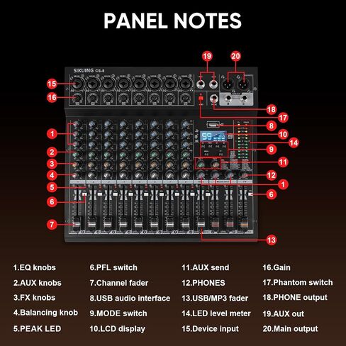 8 Channel Mixer, Professional Audio Mixing Console Studio DJ Board with Bluetooth, 99 DSP Effect,USB Recording, 48V Phantom Power, Reverb, MP3 Player for Live Sound Karaoke Performance in Saudi Arabia