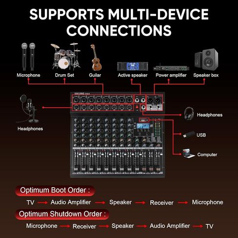 8 Channel Mixer, Professional Audio Mixing Console Studio DJ Board with Bluetooth, 99 DSP Effect,USB Recording, 48V Phantom Power, Reverb, MP3 Player for Live Sound Karaoke Performance in Saudi Arabia