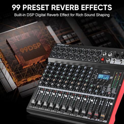 8 Channel Mixer, Professional Audio Mixing Console Studio DJ Board with Bluetooth, 99 DSP Effect,USB Recording, 48V Phantom Power, Reverb, MP3 Player for Live Sound Karaoke Performance in Saudi Arabia