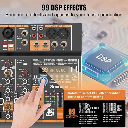 خلاط صوت احترافي، وحدة تحكم خلط لوحة الصوت DSP ذات 5 قنوات مع تسجيل بلوتوث وUSB - 99 مؤثرًا، 3 نطاقات EQ، طاقة فانتوم 48 فولت، مدخلات ستيريو للبودكاست، الكاريوكي، البث in Kuwait