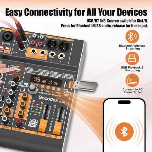 خلاط صوت احترافي، وحدة تحكم خلط لوحة الصوت DSP ذات 5 قنوات مع تسجيل بلوتوث وUSB - 99 مؤثرًا، 3 نطاقات EQ، طاقة فانتوم 48 فولت، مدخلات ستيريو للبودكاست، الكاريوكي، البث in Kuwait