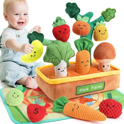 Mini Tudou Baby Toys 6-12 Months-Fruits Veggies Pick Farm Stuffed Plush 15PCS-Montessori Sensory Learning Toy Mushroom Carrot with Rattle Squeaker Crinkle Color Shape Number Matching in Saudi Arabia