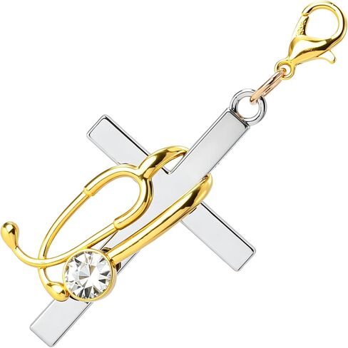 Cross with Stethoscope Badge Charm, Gold Cross ID Holder Nurse Badge Reel Accessory, Badge Buddy Stethoscope Decoration ID Clip Charm for Nurses Doctor Medical Staff - 1 Pcs in Kuwait