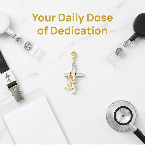 Cross with Stethoscope Badge Charm, Gold Cross ID Holder Nurse Badge Reel Accessory, Badge Buddy Stethoscope Decoration ID Clip Charm for Nurses Doctor Medical Staff - 1 Pcs in Kuwait