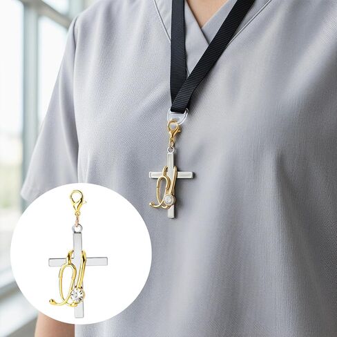Cross with Stethoscope Badge Charm, Gold Cross ID Holder Nurse Badge Reel Accessory, Badge Buddy Stethoscope Decoration ID Clip Charm for Nurses Doctor Medical Staff - 1 Pcs in Kuwait