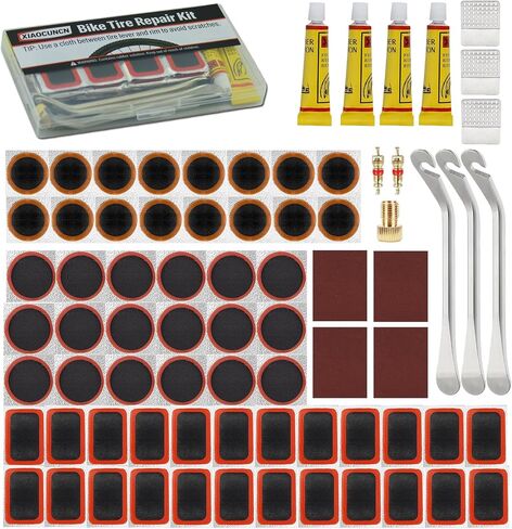 Bike Tire & Inner Tube Repair Kit, 58 PCS Patch Kit with 4 Glues, 3 Metal Tire Levers, Valve Cores, Presta to Schrader Converter – Puncture Repair for Mountain Bike, Road Bike, E-Bike, Motorcycle in Kuwait