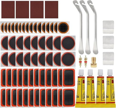 Bike Tire & Inner Tube Repair Kit, 58 PCS Patch Kit with 4 Glues, 3 Metal Tire Levers, Valve Cores, Presta to Schrader Converter – Puncture Repair for Mountain Bike, Road Bike, E-Bike, Motorcycle in Kuwait