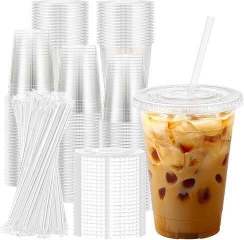Lamosi 100 Pack 16 oz Clear Plastic Cups with Lids and Straws, Disposable Plastic Coffee Cups with Lids for Iced Coffee, Cold Beverages, Smoothies and To-Go Drinks in Kuwait