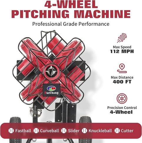 Furlihong 767BH 4-Wheel Baseball Pitching Machine for Professionals – Up to 112 MPH, X-Design, Adjustable Angles for Youth League, High School, College, Travel Teams Training in Saudi Arabia